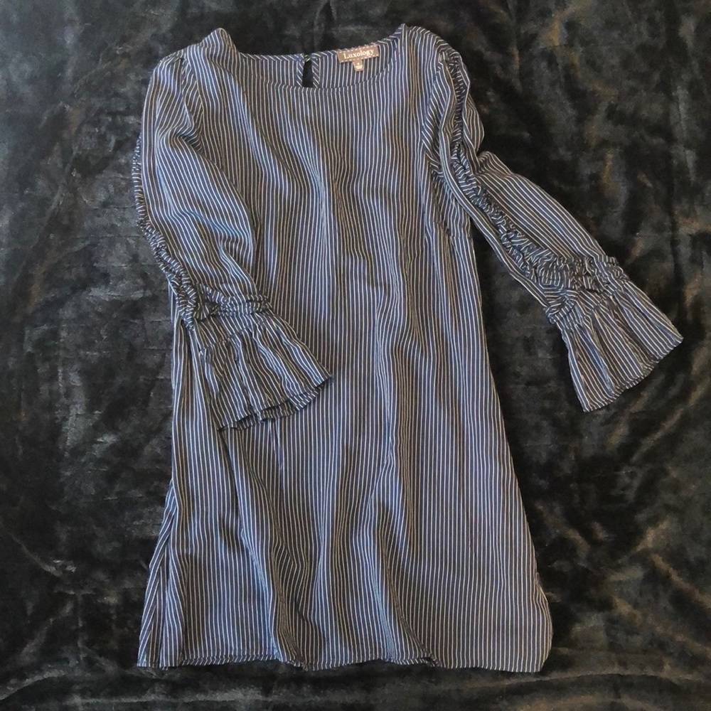 Short, Long Sleeve Navy Blue Dress with Ruffled Sleeve Detail